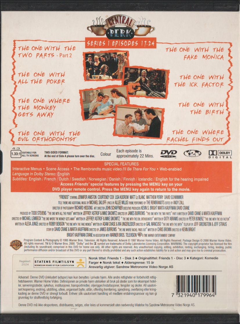 Friends - Series 1 Episodes 17-24. DVD.