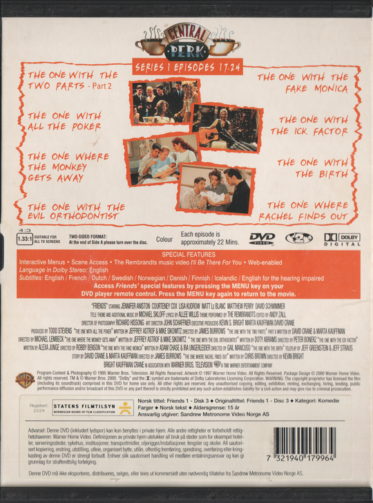 Friends - Series 1 Episodes 17-24. DVD.