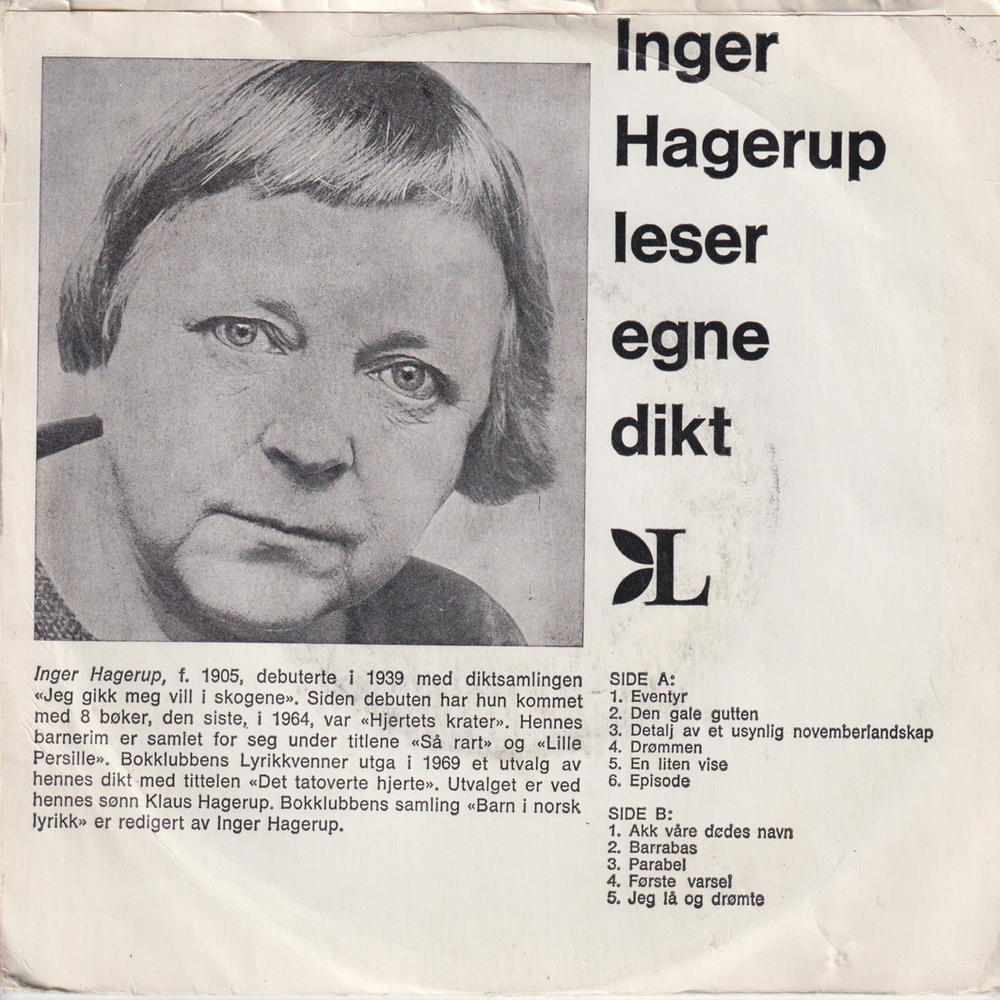 Inger Hagerup. 1970. Inger Hagerup leser egne dikt. EP-plate.