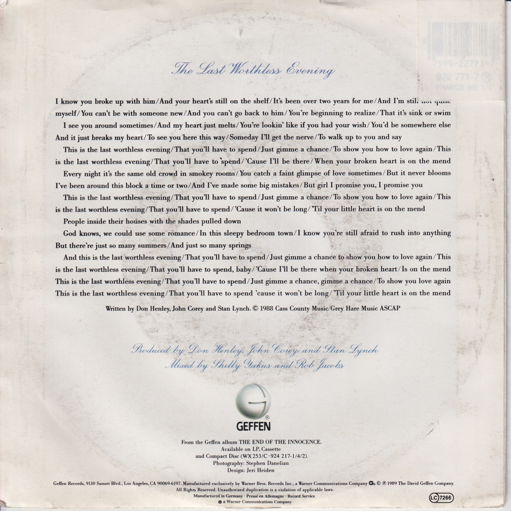 Don Henley. 1989. The Last Worthless Evening. EP-plate.