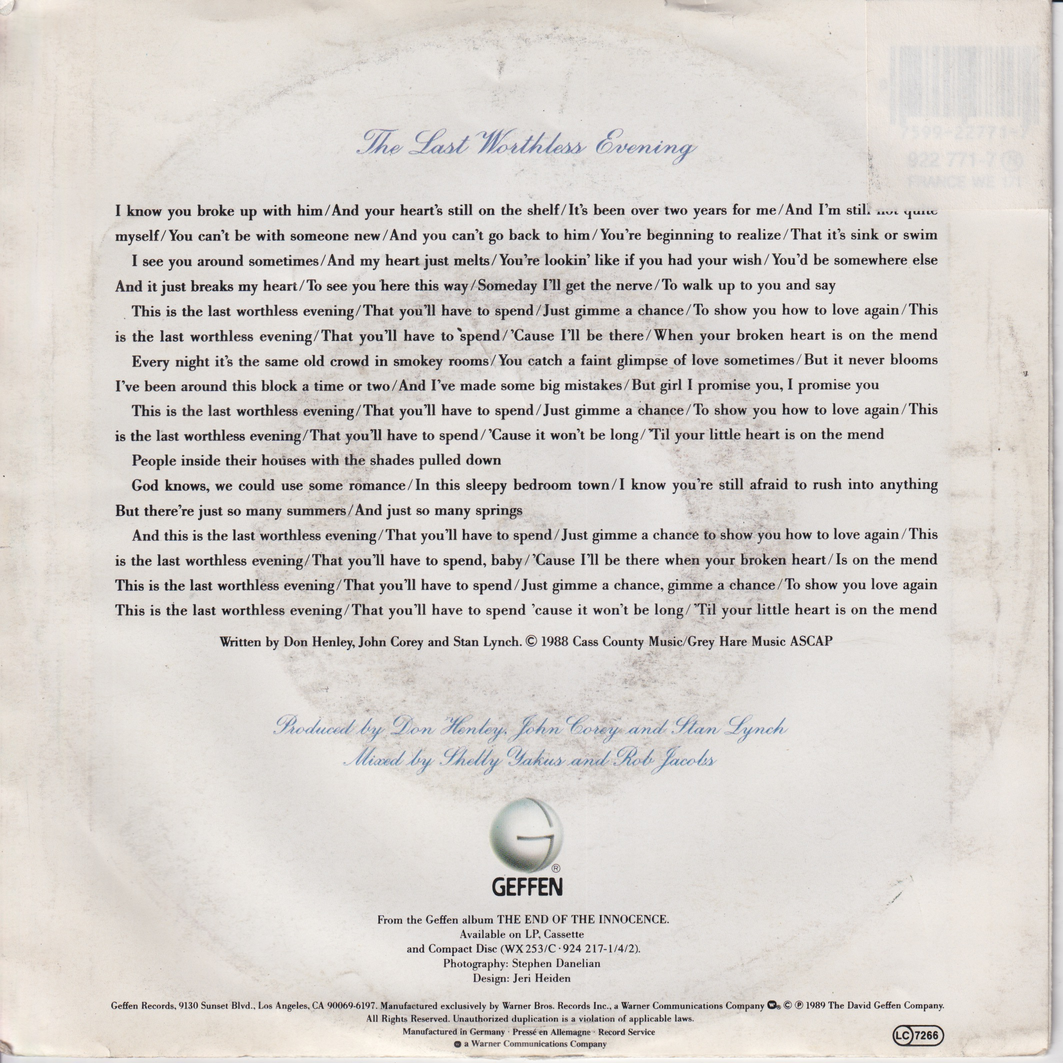 Don Henley. 1989. The Last Worthless Evening. EP-plate.
