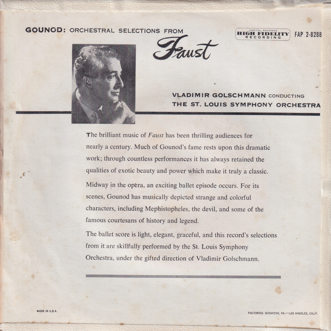 Gounod / St. Louis Symphony Orchestra. 1960. Ballet Music from Faust. EP-plate.