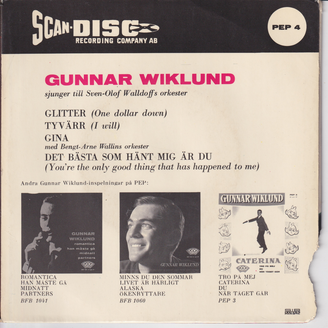 Gunnar Wiklund. 1970. Glitter, Tyvärr, Gina. EP-plate.