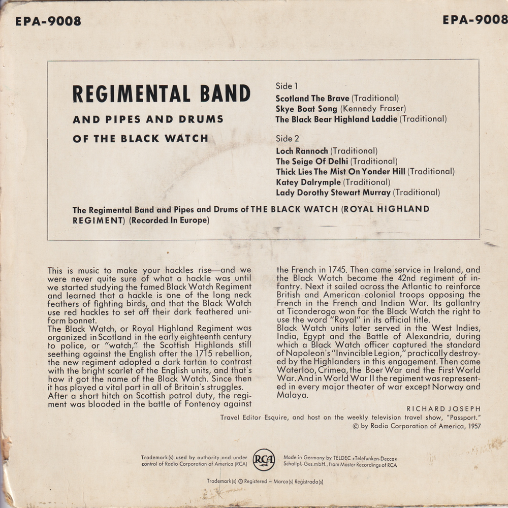 Regimental Band and Pipes and Drums of the Black Watch (1955). Highland Pageantry. EP-plate.