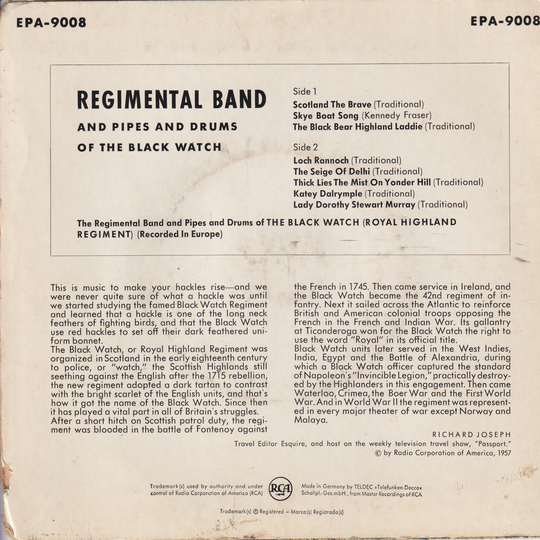 Regimental Band and Pipes and Drums of the Black Watch (1955). Highland Pageantry. EP-plate.