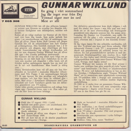 Gunnar Wiklund (1961). En gång i vårt sommarland. EP-plate.