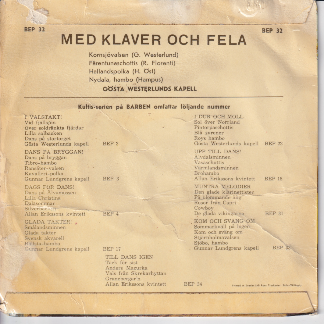 Gösta Westerlunds Kapell. 1960. Med klaver och fela. EP-plate.