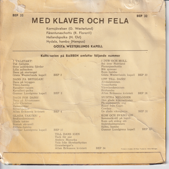 Gösta Westerlunds Kapell. 1960. Med klaver och fela. EP-plate.