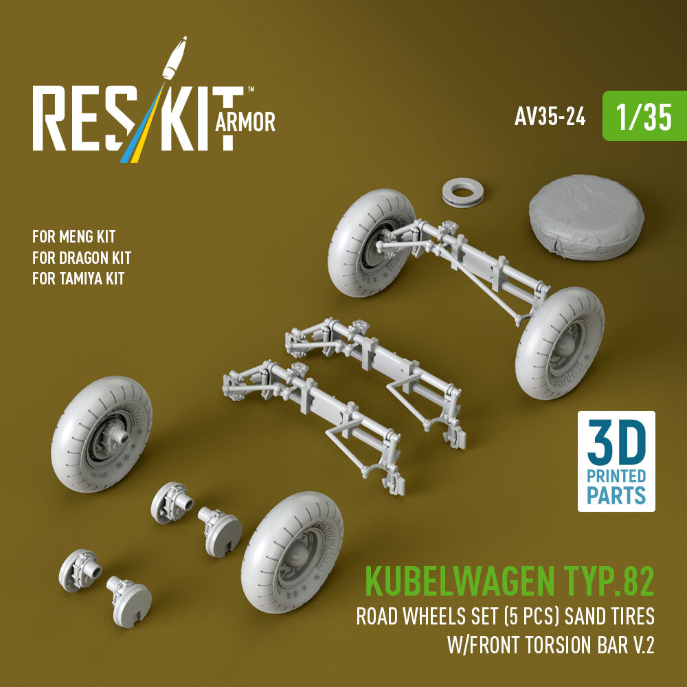 Kubelwagen typ.82 road wheels set (5 pcs) sand tires w/front torsion bar V.2 (3D Printed) for Meng / Dragon / Tamiya