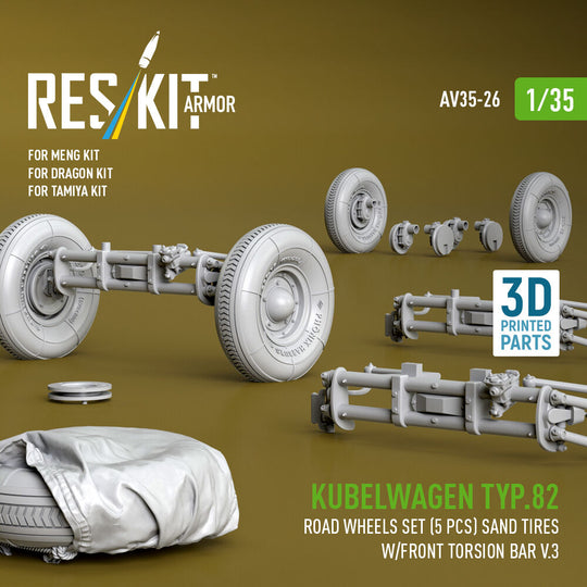 Kubelwagen typ.82 road wheels set (5 pcs) sand tires w/front torsion bar V.3 (3D Printed) for Meng / Dragon / Tamiya