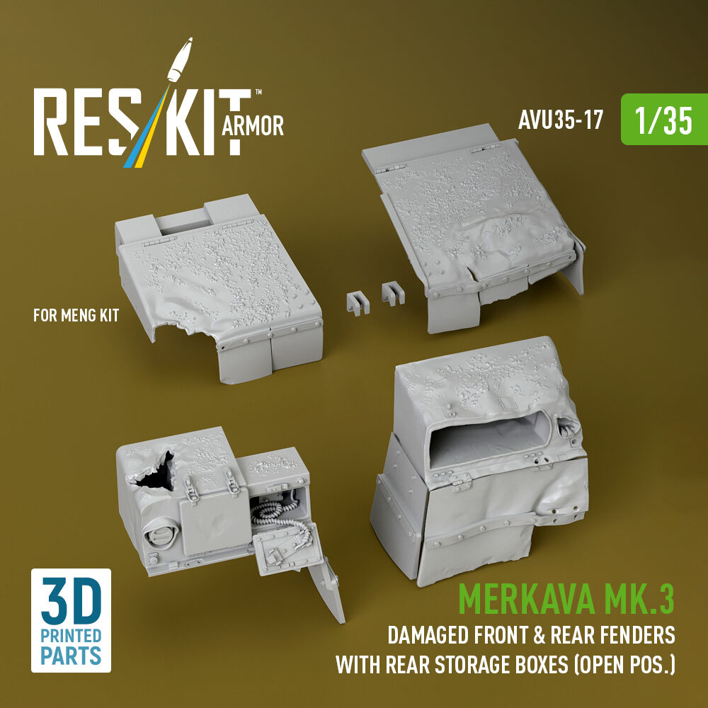 Merkava Mk.3 damaged front & rear fenders with rear storage boxes (open pos.) for Meng kit (3D Printed)