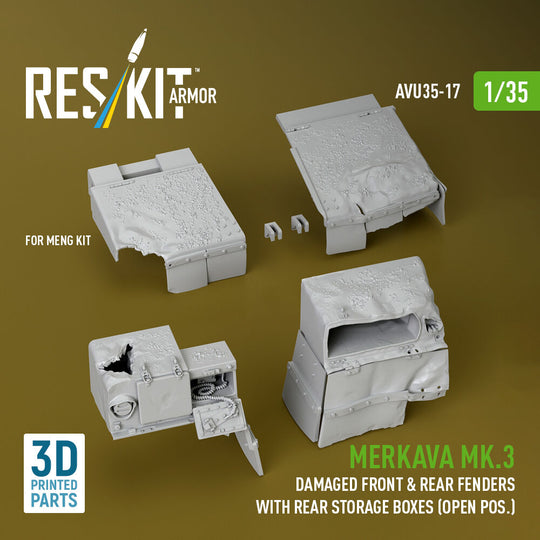 Merkava Mk.3 damaged front & rear fenders with rear storage boxes (open pos.) for Meng kit (3D Printed)