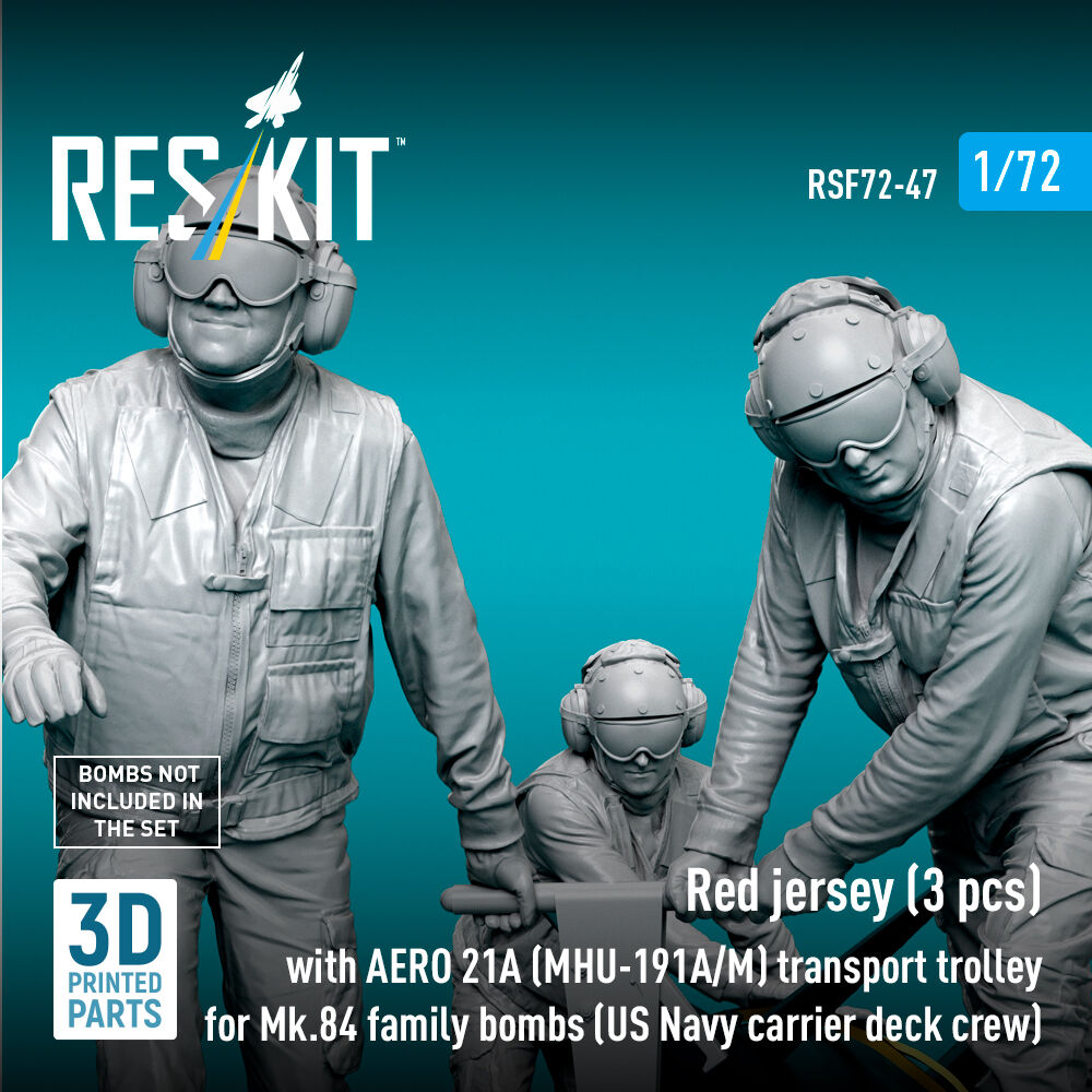 Red jerseys (3 pcs) with AERO 21A (MHU-191A/M) transport trolley for Mk.84 family bombs (US Navy carrier deck crew) (3D Printed)