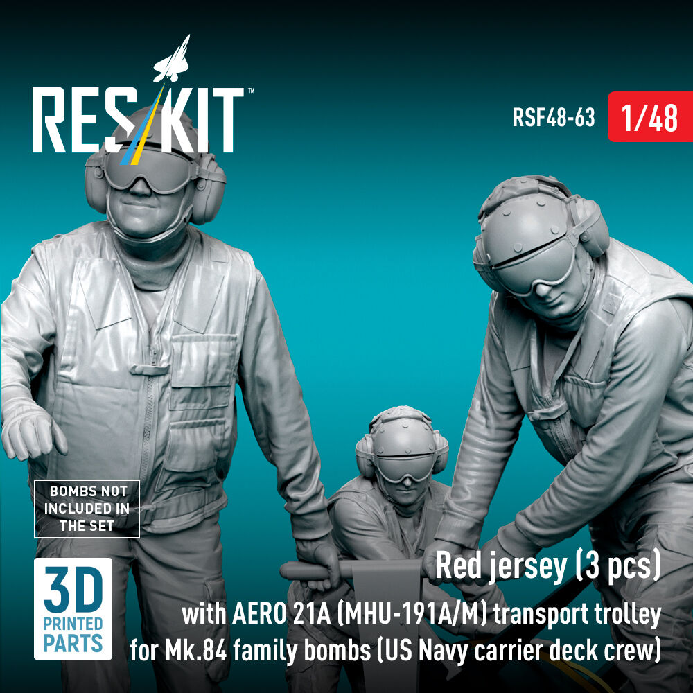 Red jerseys (3 pcs) with AERO 21A (MHU-191A/M) transport trolley for Mk.84 family bombs (US Navy carrier deck crew) (3D Printed)