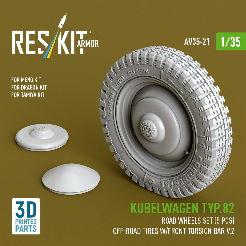 Kubelwagen typ.82 road wheels set (5 pcs) off-road tires w/front torsion bar V.2 (3D Printed) for Meng / Dragon / Tamiya
