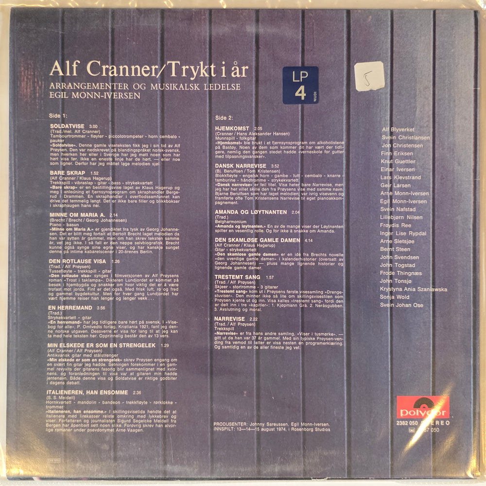 Alf Cranner – Trykt i år. Ca. 1974. LP-plate