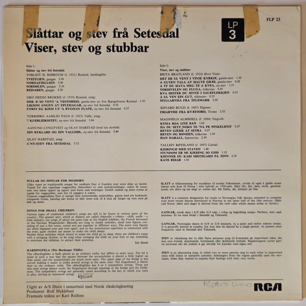 Various Artists – Slåttar og stev frå Setesdal. Ca. 1960. LP-plate