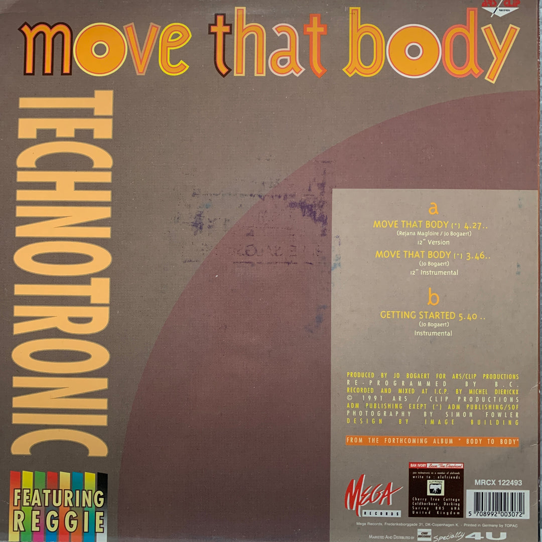 Technotronic featuring Reggie – Move That Body. 1991. 12" Maxi-Single.