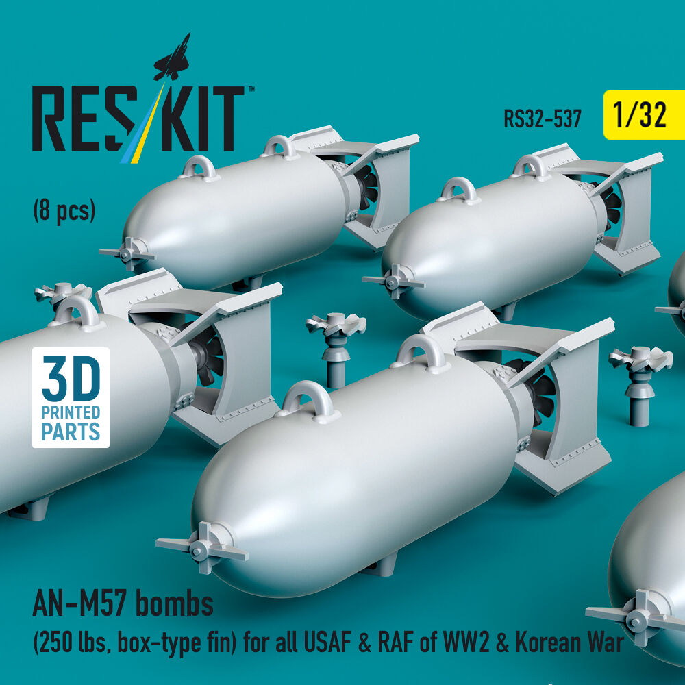AN-M57 bombs (250 lbs, box-type fin) for all USAF & RAF of WW2 & Korean War (8 pcs) (3D Printed)