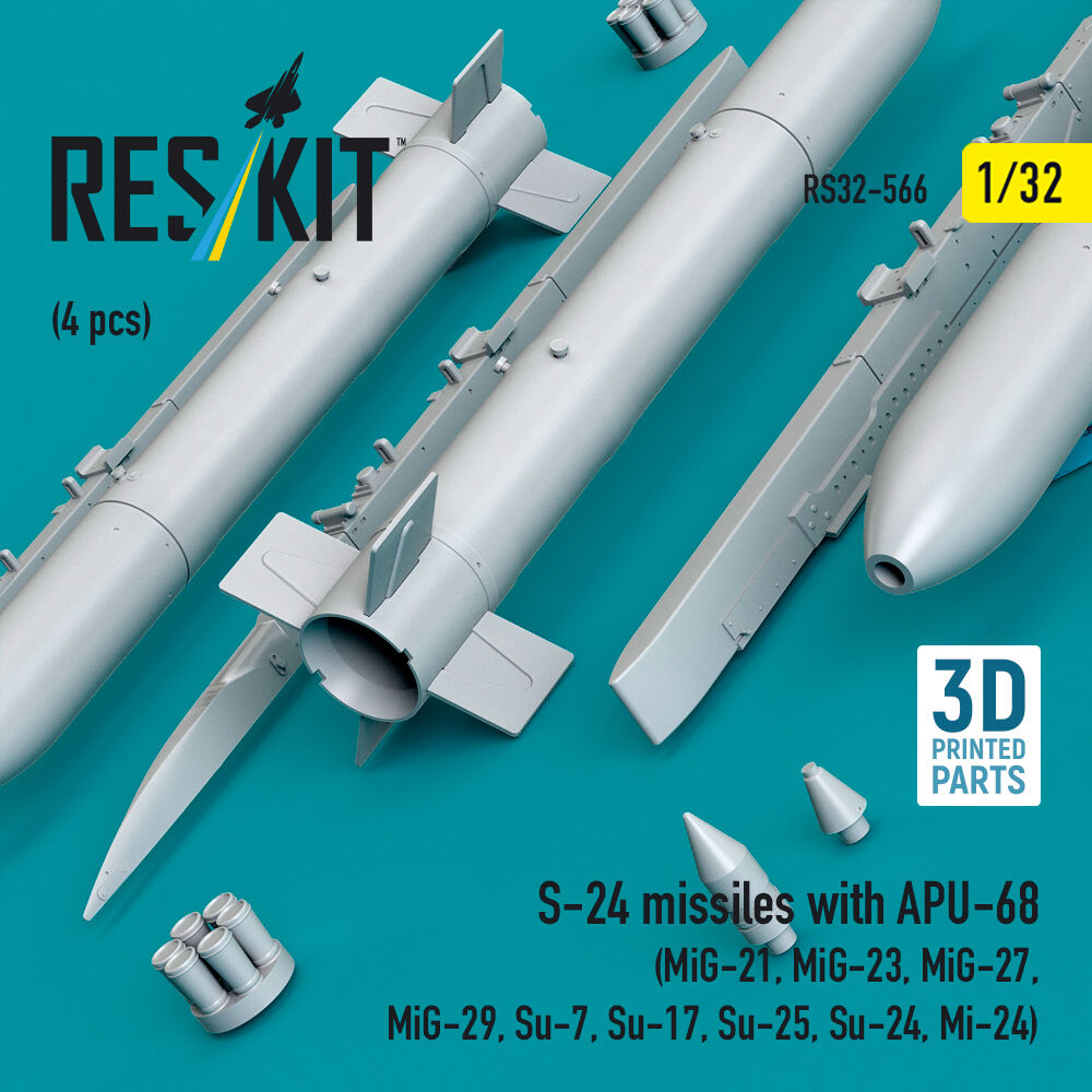 S-24 missiles with APU-68 (4 pcs) (MiG-21, MiG-23, MiG-27, MiG-29, Su-7, Su-17, Su-25, Su-24, Mi-24) (3D Printed)