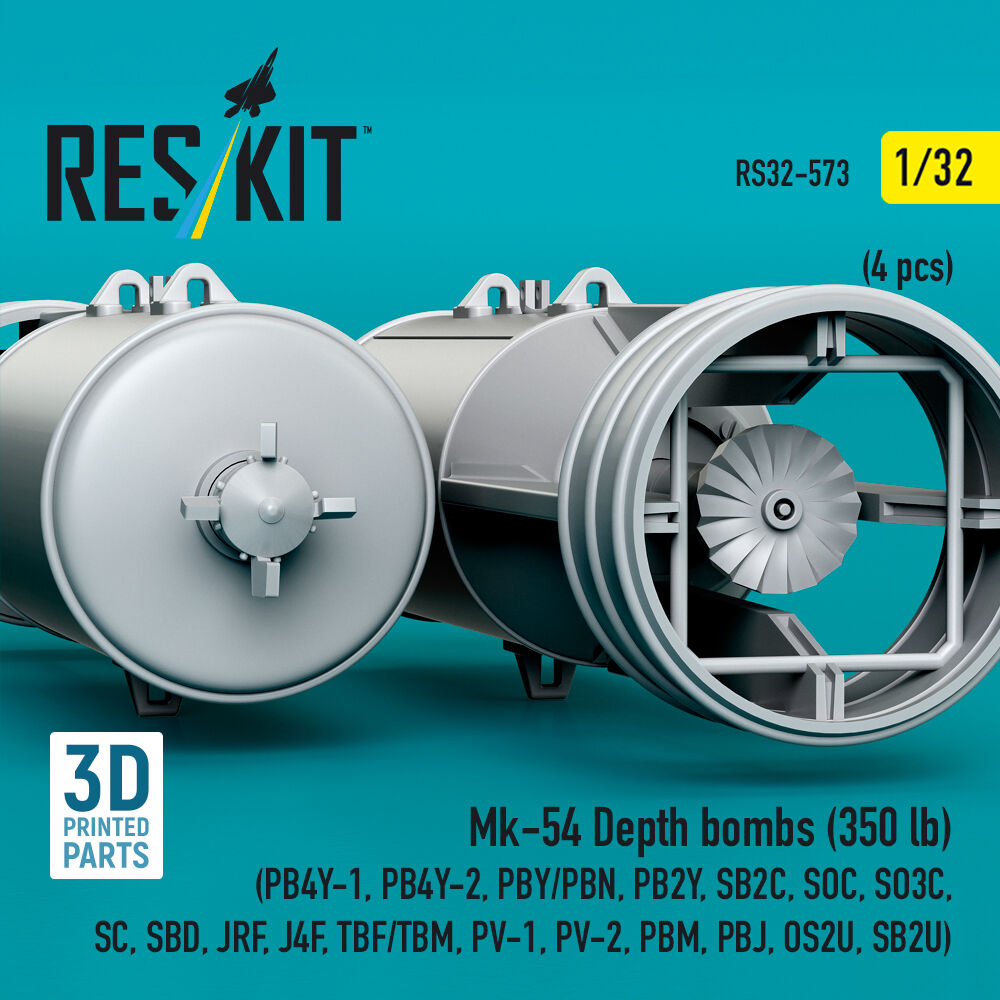 Mk-54 Depth bombs (350 lb) (4 pcs) (PB4Y-1, PB4Y-2, PBY/PBN, PB2Y, SB2C, SOC, SO3C, SC, SBD, JRF, J4F, TBF/TBM, PV-1, PV-2, PBM, PBJ, OS2U, SB2U) (3D Printed)