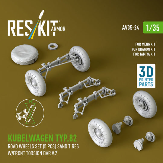 Kubelwagen typ.82 road wheels set (5 pcs) sand tires w/front torsion bar V.2 (3D Printed) for Meng / Dragon / Tamiya