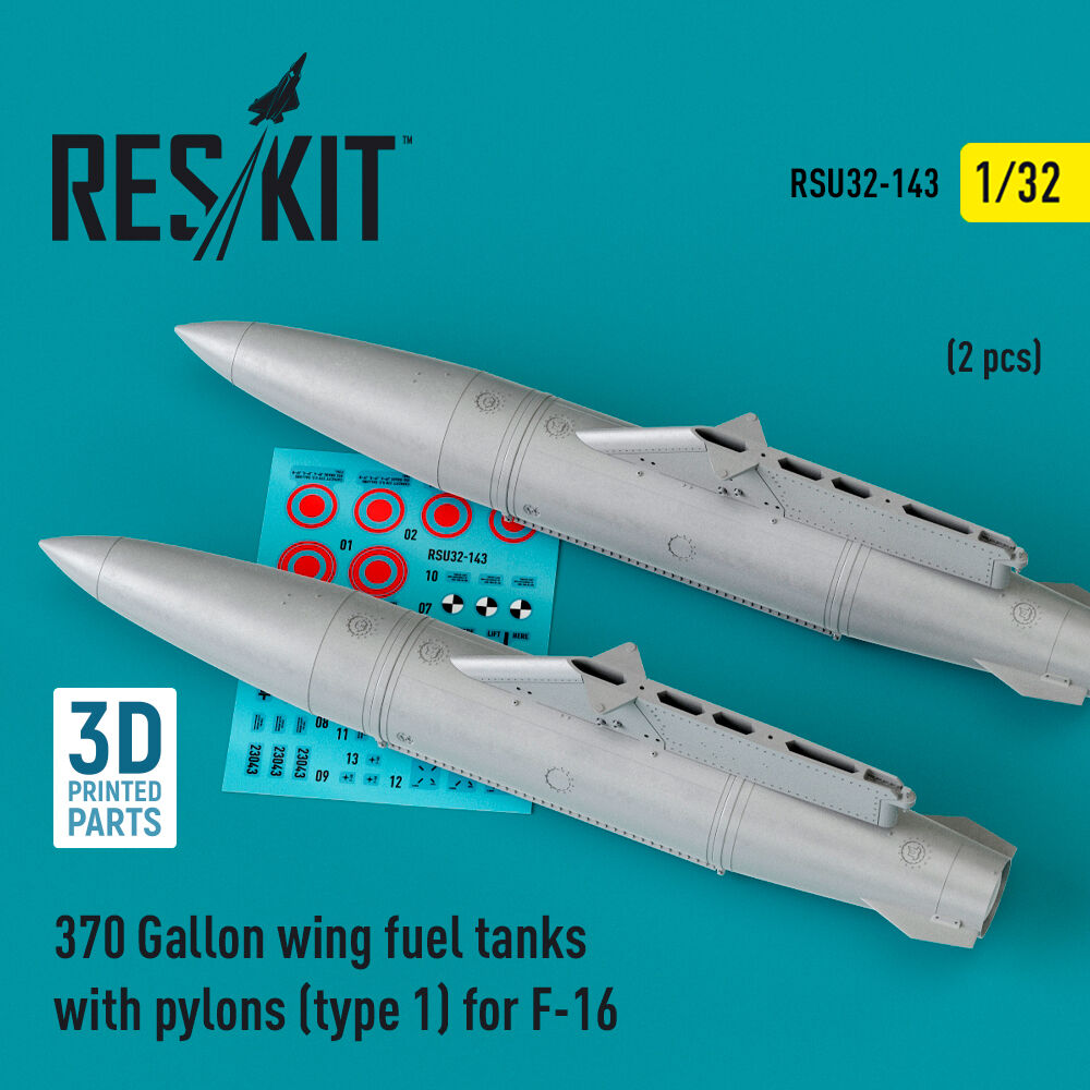 370 Gallon wing fuel tanks with pylons (type 1) for F-16 (A/B/C/D/E/F/I) (2 pcs) (3D Printed)