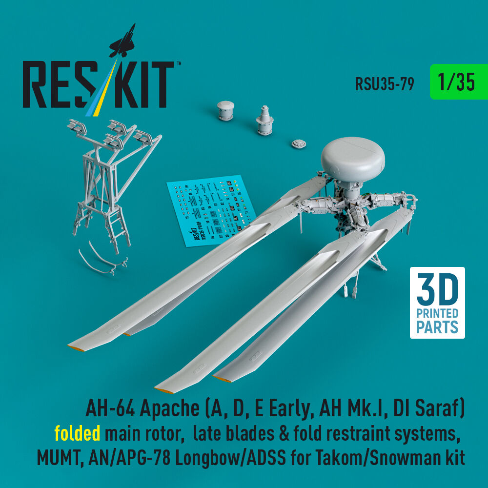AH-64E late Apache folded main rotor, late blades & fold restraint systems, MUMT, AN/APG-78 Longbow for Takom/Snowman kit (3D Printed)