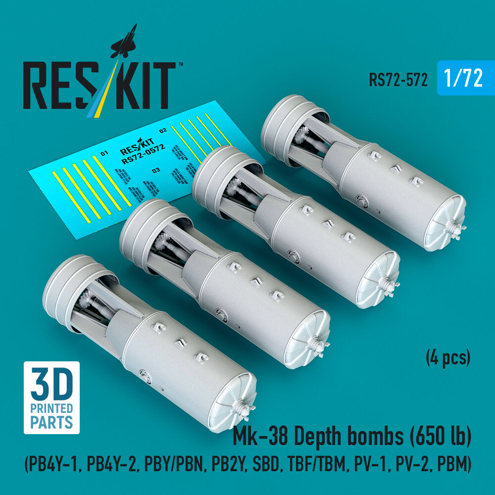 Mk-38 Depth bombs (650 lb) (4 pcs) (PB4Y-1, PB4Y-2, PBY/PBN, PB2Y, SBD, TBF/TBM, PV-1, PV-2, PBM) (3D Printed)
