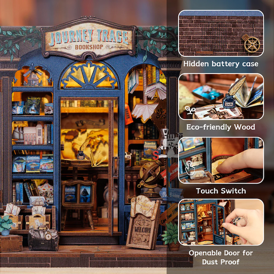 MINIATURE HOUSE - DIY - Journey Trace Bookshop - 241pc + LED Light