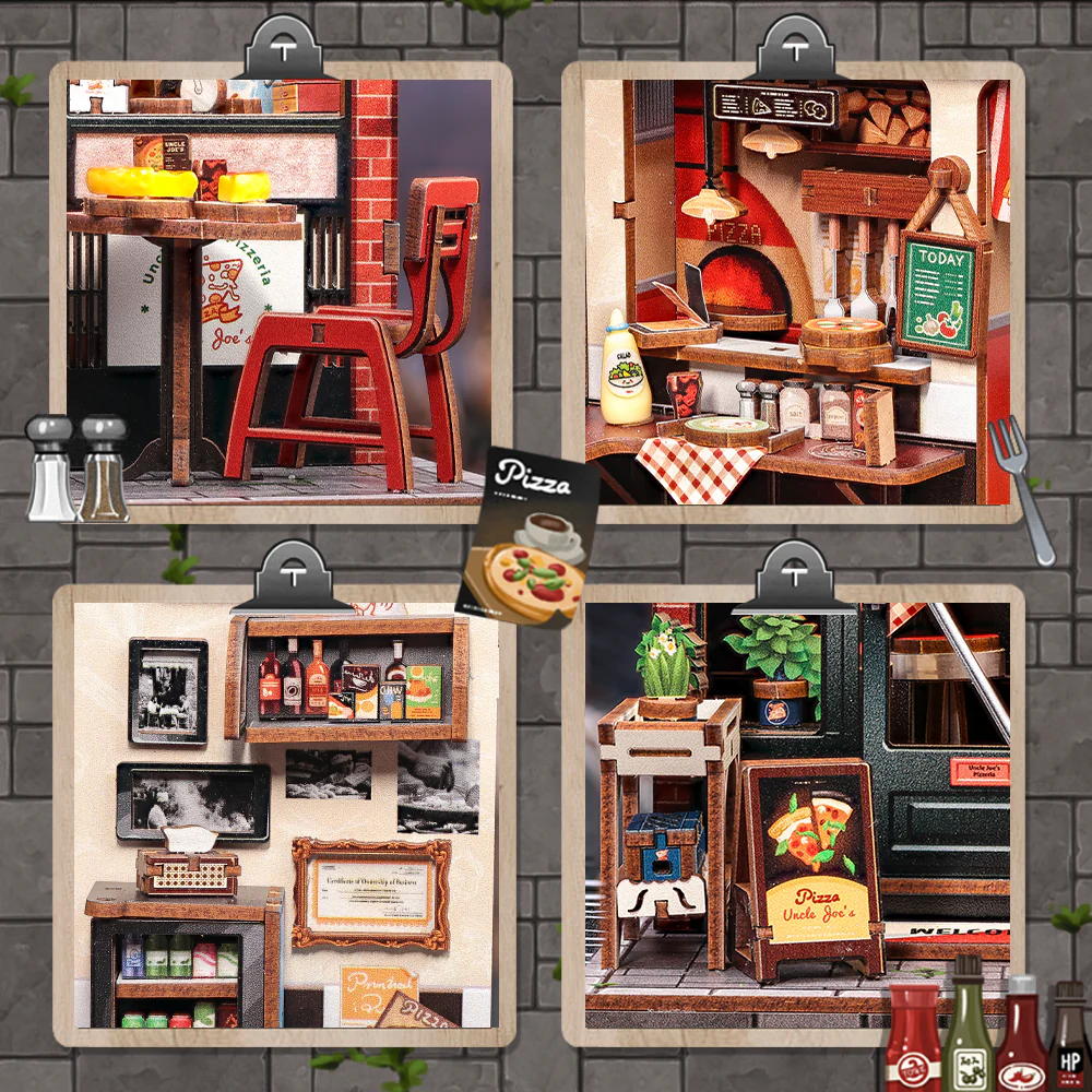 MINIATURE HOUSE - DIY- Uncle Joe's Pizzeria - 236pc + LED Light