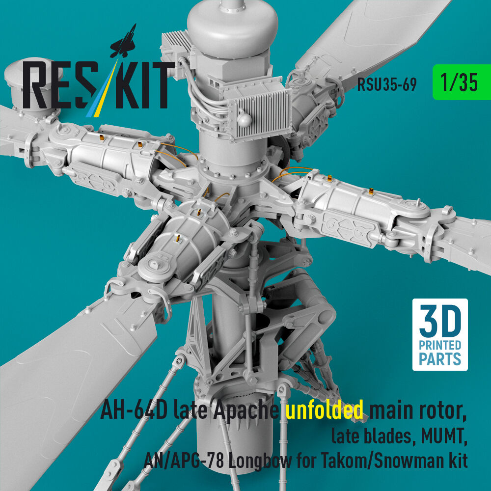 AH-64D late Apache unfolded main rotor, late blades, MUMT, AN/APG-78 Longbow for Takom/Snowman kit (3D Printed)