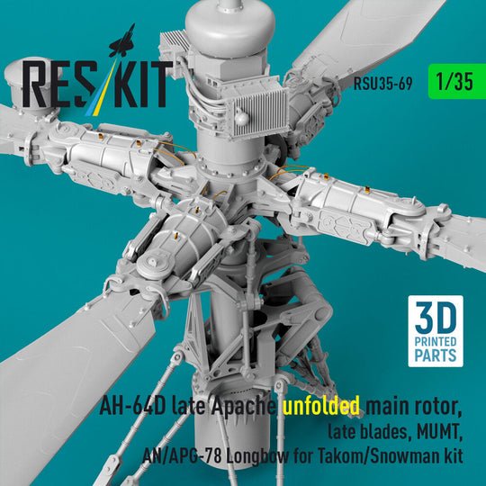 AH-64D late Apache unfolded main rotor, late blades, MUMT, AN/APG-78 Longbow for Takom/Snowman kit (3D Printed)