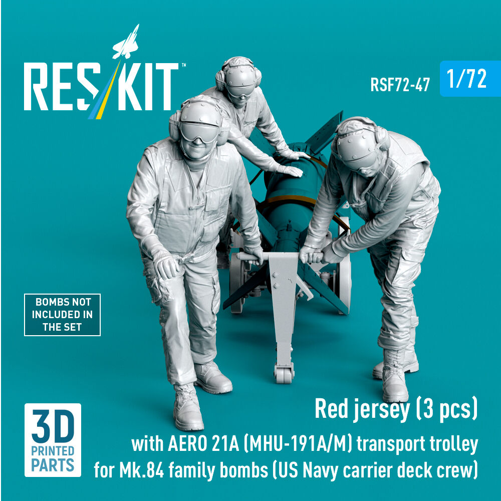 Red jerseys (3 pcs) with AERO 21A (MHU-191A/M) transport trolley for Mk.84 family bombs (US Navy carrier deck crew) (3D Printed)