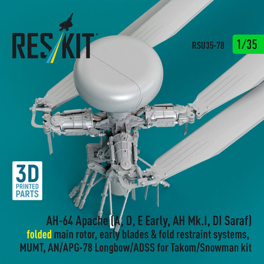 AH-64 Apache (A, D, E Early, AH Mk.I, DI Saraf) folded main rotor, early blades & fold restraint systems, MUMT, AN/APG-78 Longbow/ADSS for Takom/Snowman kit (3D Printed)