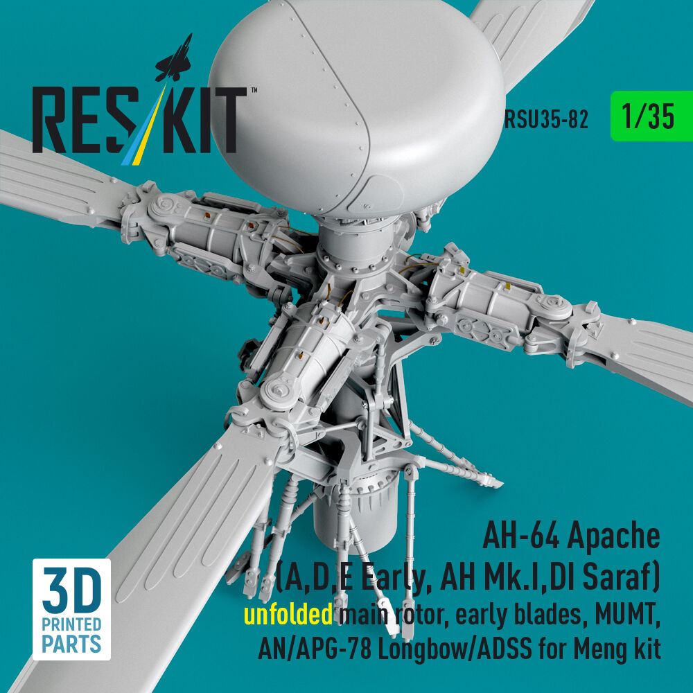 AH-64 Apache (A,D,E Early, AH Mk.I,DI Saraf) unfolded main rotor, early blades, MUMT, AN/APG-78 Longbow/ADSS for Meng kit (3D Printed)(1/35)