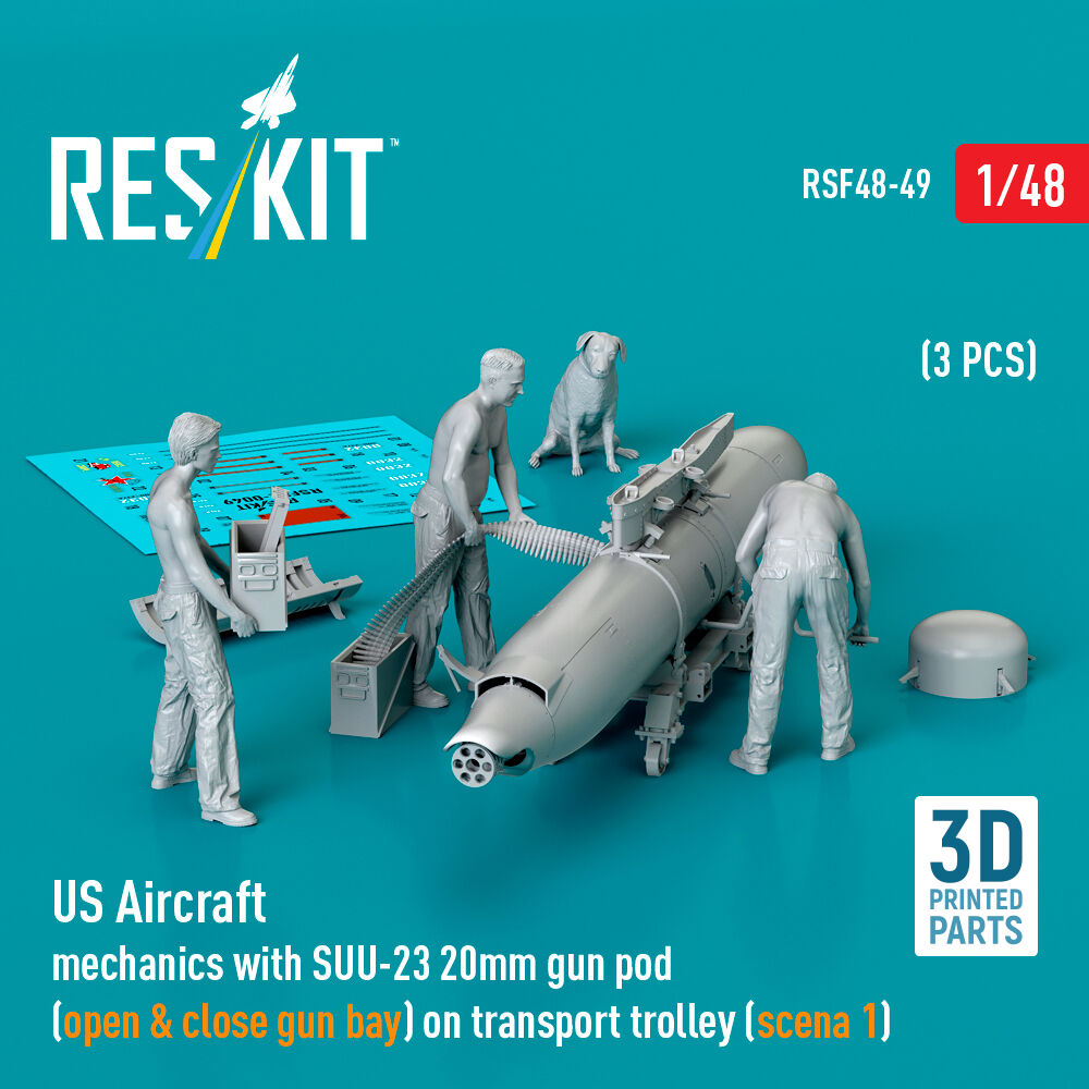 US Aircraft mechanics with SUU-23 20mm gun pod (open & close gun bay) on transport trolley (scene 1) (3 pcs) (3D Printed)