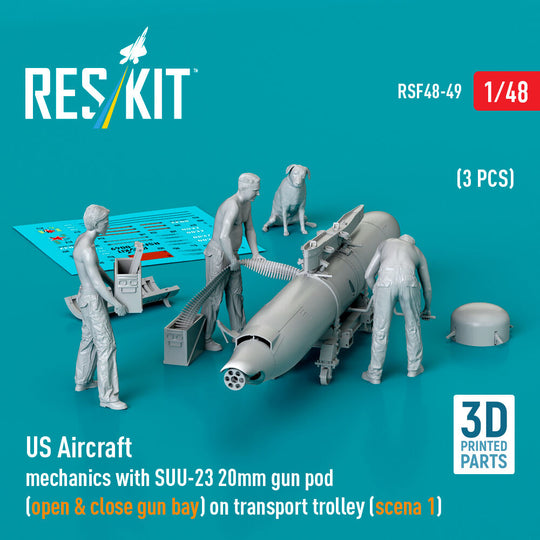 US Aircraft mechanics with SUU-23 20mm gun pod (open & close gun bay) on transport trolley (scene 1) (3 pcs) (3D Printed)