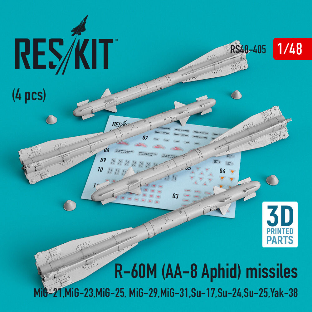 R-60? (AA-8 Aphid) missiles (4 pcs) (MiG-21,MiG-23,MiG-25, MiG-29,MiG-31,Su-17,Su-24,Su-25,Yak-38) (3D Printed)