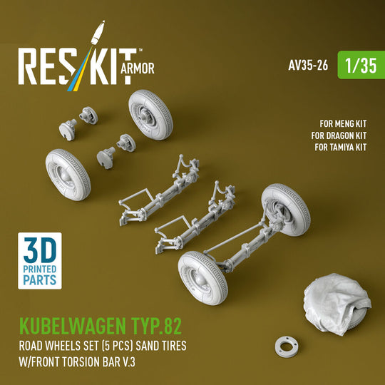 Kubelwagen typ.82 road wheels set (5 pcs) sand tires w/front torsion bar V.3 (3D Printed) for Meng / Dragon / Tamiya