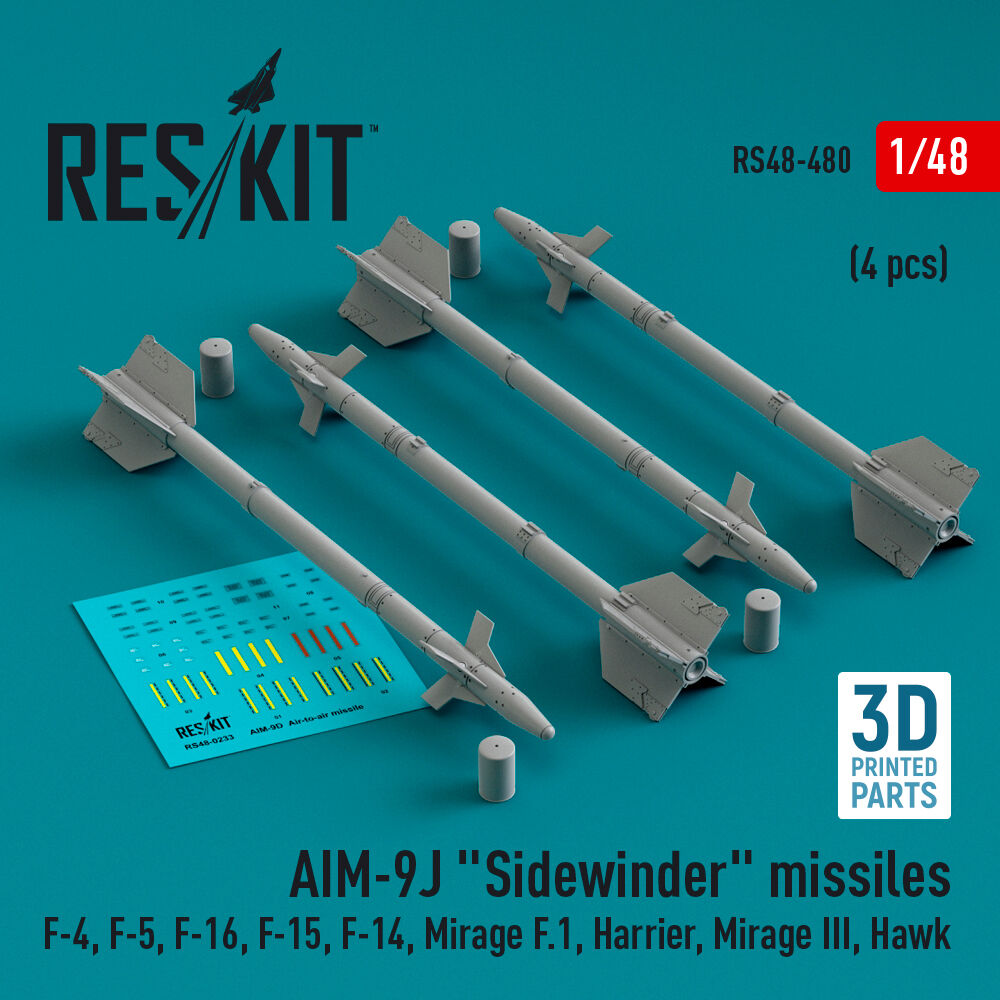 AIM-9J Sidewinder missiles (4 pcs) (F-4, F-5, F-16, F-15, F-14, Mirage F.1, Harrier, Mirage III, Hawk) (3D Printed)