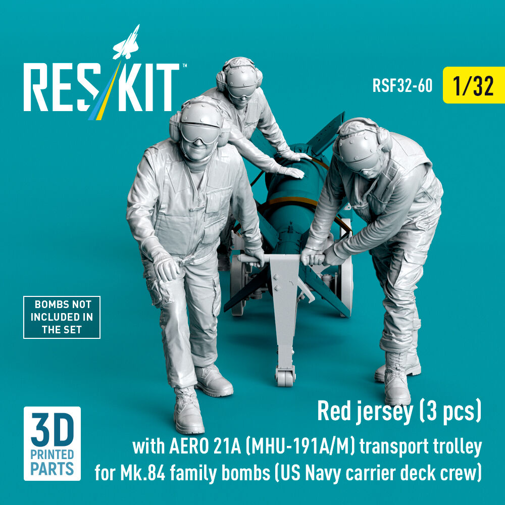 Red jerseys (3 pcs) with AERO 21A (MHU-191A/M) transport trolley for Mk.84 family bombs (US Navy carrier deck crew) (3D Printed)
