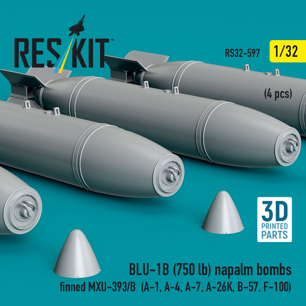 BLU-1B (750 lb) napalm bombs finned MXU-393/B (4 pcs) (A-1, A-4, A-7, A-26K, B-57, F-100) (3D Printed)