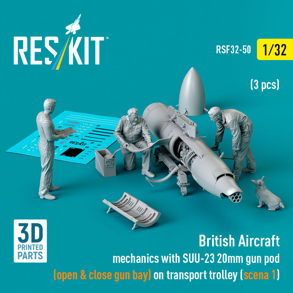 British Aircraft mechanics with SUU-23 20mm gun pod (open & close gun bay) on on transport trolley (scene 1) (3 pcs) (3D Printed)