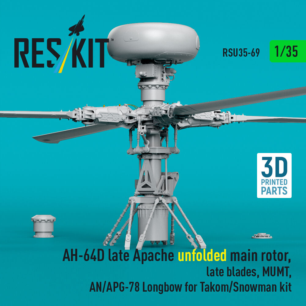 AH-64D late Apache unfolded main rotor, late blades, MUMT, AN/APG-78 Longbow for Takom/Snowman kit (3D Printed)