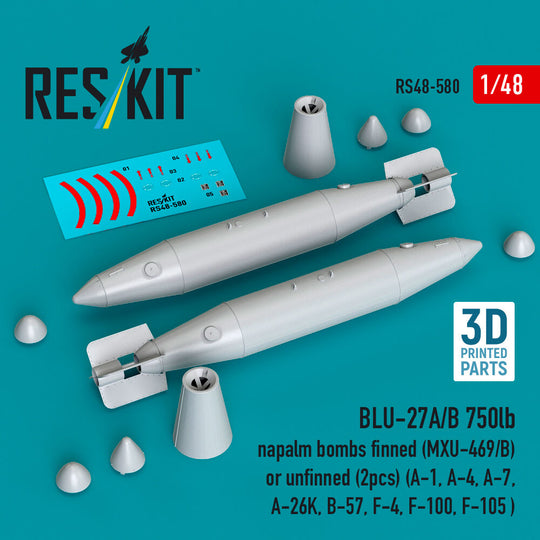 BLU-27A/B 750lb napalm bombs finned (MXU-469/B) or unfinned (2pcs) (A-1, A-4, A-7, A-26K, B-57, F-4, F-100, F-105 ) (3D Printed)