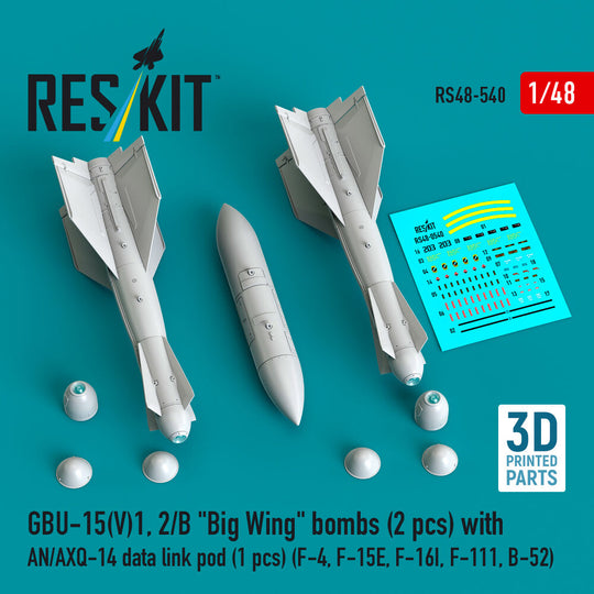 GBU-15(V)1, 2/B Big Wing bombs (2 pcs) with AN/AXQ-14 data link pod (1 pcs) (F-4, F-15E, F-16I, F-111, B-52) (3D Printed)