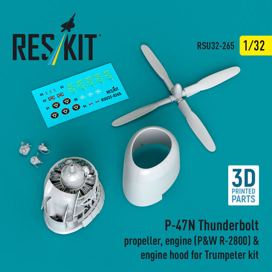 P-47N Thunderbolt propeller, engine (P&W R-2800) & engine hood (3D Printed) for Trumpeter