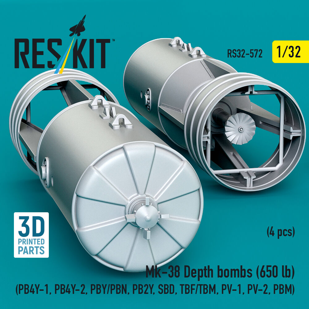 Mk-38 Depth bombs (650 lb) (4 pcs) (PB4Y-1, PB4Y-2, PBY/PBN, PB2Y, SBD, TBF/TBM, PV-1, PV-2, PBM) (3D Printed)