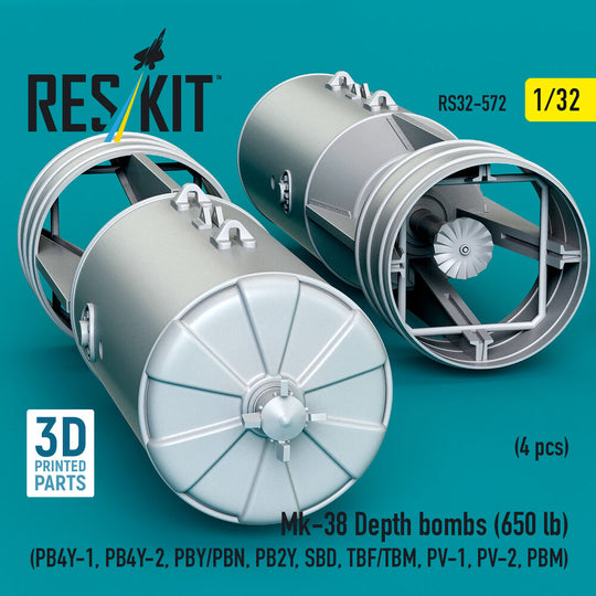 Mk-38 Depth bombs (650 lb) (4 pcs) (PB4Y-1, PB4Y-2, PBY/PBN, PB2Y, SBD, TBF/TBM, PV-1, PV-2, PBM) (3D Printed)